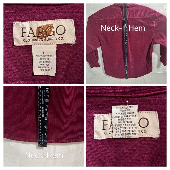 Fargo Vtg 90s Men Large Maroon Corduroy Button Down Long Sleeve Oversized Shirt - Picture 3 of 6
